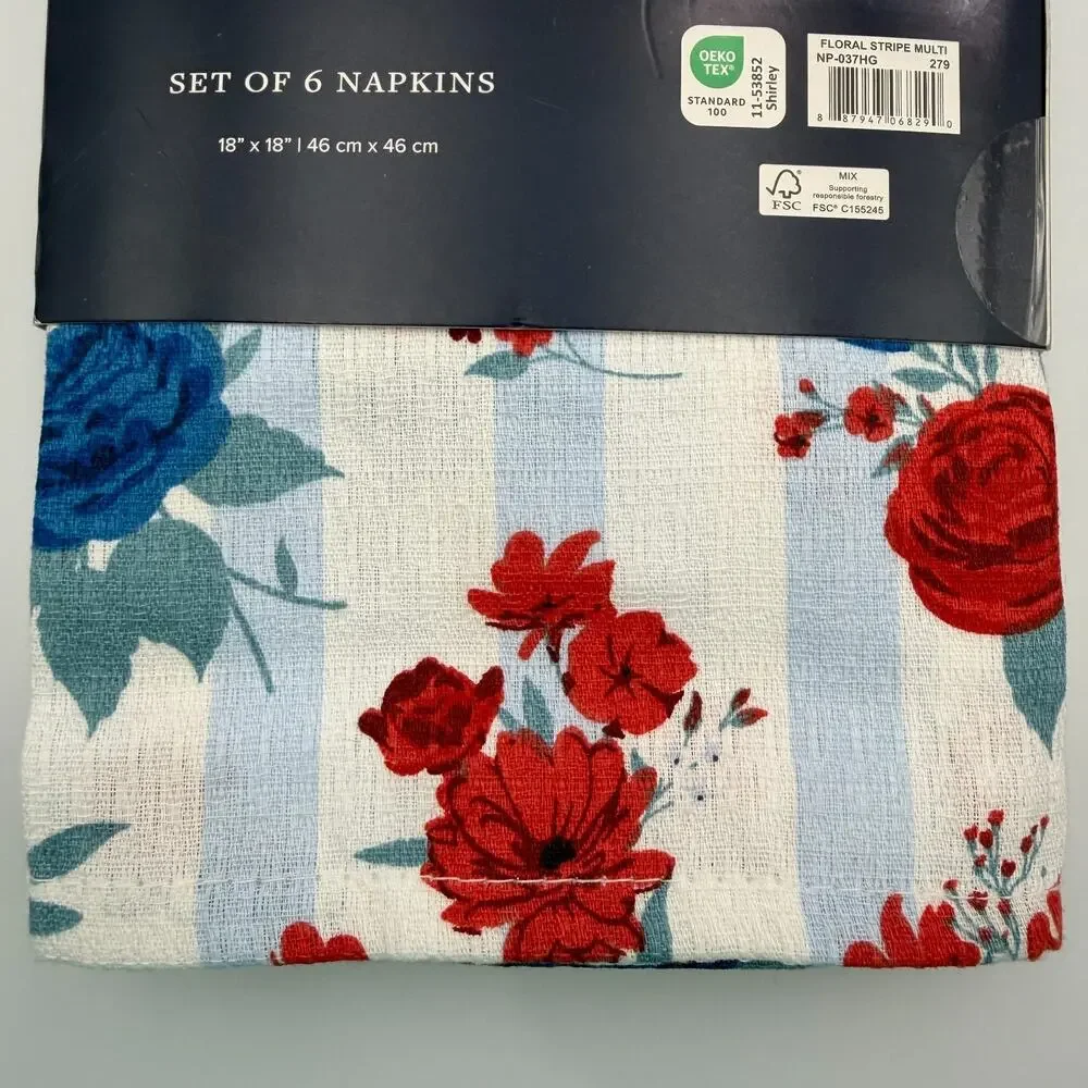 Brooks Brothers Set of 6 Cloth Napkins Floral Stripe Red White Blue 18x18 NWT